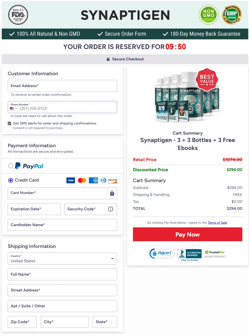 Synaptigen secure checkout page for placing your order